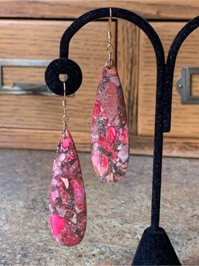 Pink Sea Sediment Jasper Dangle Earrings with Gold Hooks